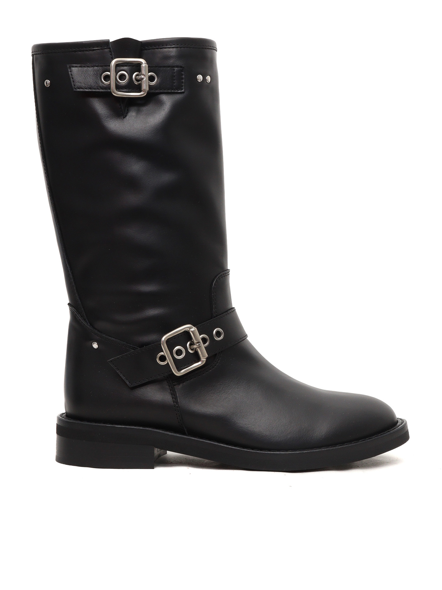 Via Roma 15 Black biker with buckles Leather Sole Rubber Boot – Women